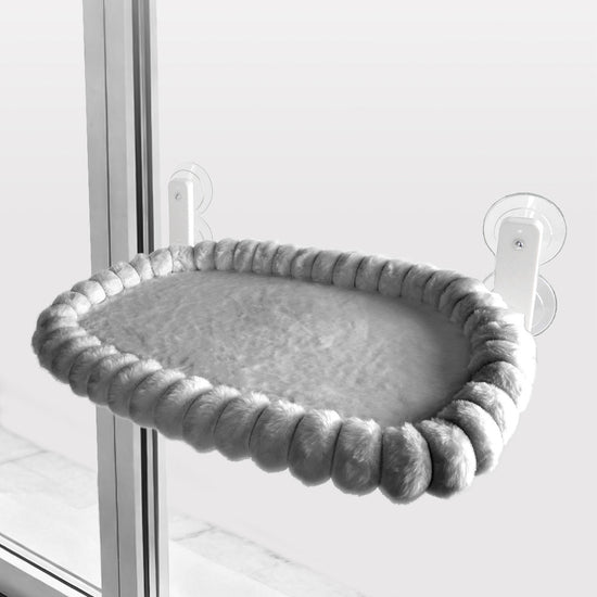 Grey Plush Cat Window Hammock with Strong Suction Cups, Faux Rabbit Fur Pet Bed for Cats and Small Dogs, Space-Saving Foldable Hanging Cat Perch for Sunbathing and Relaxation