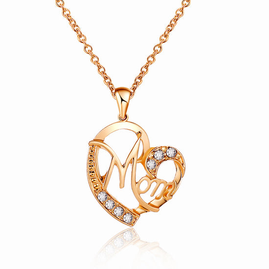 Golden MOM Heart Pendant Necklace with Rhinestones - Adjustable 47+5cm Chain, Lightweight Alloy Jewelry for Mother&