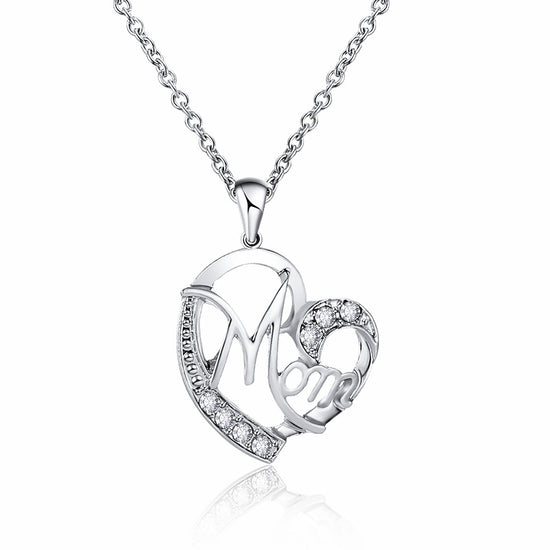 Silver MOM Heart Pendant Necklace with Rhinestones - Adjustable 47+5cm Chain, Lightweight Alloy Jewelry for Mother&
