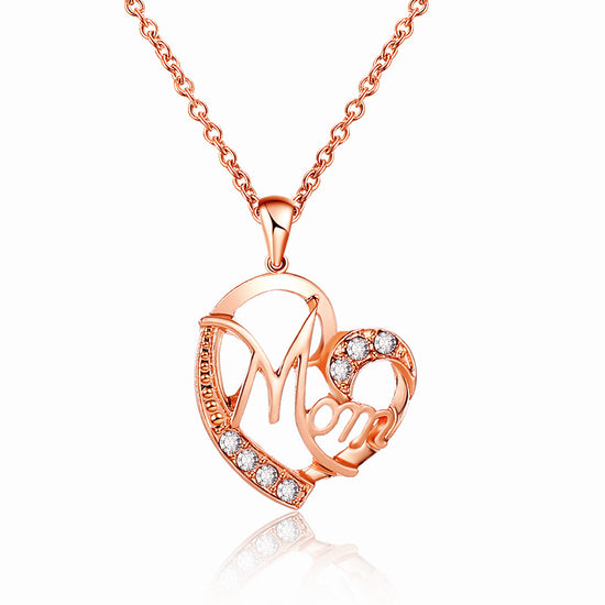 Rose gold MOM Heart Pendant Necklace with Rhinestones - Adjustable 47+5cm Chain, Lightweight Alloy Jewelry for Mother&