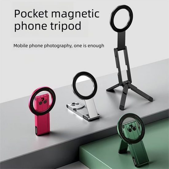 Silver Alloy Pocket Magnetic Phone Stand with Desktop Tripod – Multi-Function Foldable Design for Portable Selfie Stick & Hands-Free Shooting – Ideal for Travel, Vlogging, and Daily Use