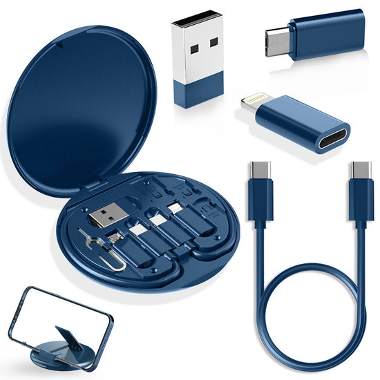 2-Pack Blue 60W Fast Charging Cable Kit with Storage Box - 5-in-1 Multi-Interface Data Cable Set with Phone Stand & SIM Ejector Tool - Universal Compatibility for iPhone, Android, and Type-C Devices - Portable Travel Gadget Organizer
