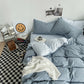 Hazy Blue Washed Cotton Bedding Set - Solid Color Fitted Sheet Style, 4-Piece Set for 1.5m Bed, Includes 10 Random Color Quilt Fasteners(1.5m)