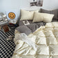 Light yellow and light gray Washed Cotton Bedding Set - Solid Color Fitted Sheet Style, 4-Piece Set for 1.5m Bed, Includes 10 Random Color Quilt Fasteners(1.5m)