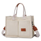 Beige Large Canvas Tote Bag for Women - Multi-Pocket Utility Organiser with Wide Adjustable Shoulder Strap - Trendy Crossbody and Handheld Bag for Work, Shopping and Travel - Daily Comfort Solution