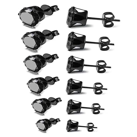 6-Pair Black Stainless Steel Stud Earring Set - Classic 6-Prong Crown Setting with Sparkling Round Cubic Zirconia in Multiple Sizes - Durable Skin-Friendly Jewelry for Daily Wear and Stacking