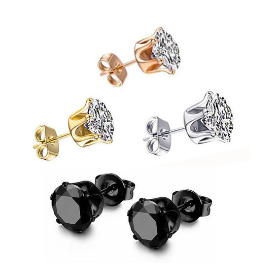 6-Pair Silver Stainless Steel Stud Earring Set - Classic 6-Prong Crown Setting with Sparkling Round Cubic Zirconia in Multiple Sizes - Durable Skin-Friendly Jewelry for Daily Wear and Stacking
