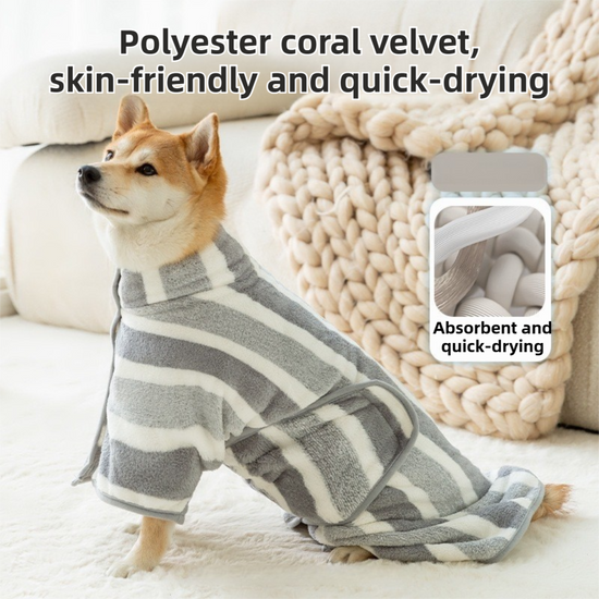 Grey Stripes Super Absorbent Pet Bathrobe with Waist Belt & Neck Snap - Full Coverage Quick-Drying Towel for Dogs & Cats (S Size)