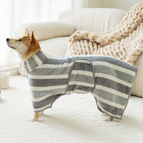 Red Stripes Super Absorbent Pet Bathrobe with Waist Belt & Neck Snap - Full Coverage Quick-Drying Towel for Dogs & Cats (XL Size)