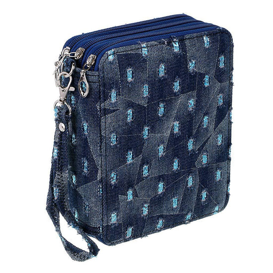 Portable 78-Slot Oxford Cloth Colored Pencil Zipper Case - Large Capacity Sketching & Drawing Stationery Pouch (Denim Sequins)