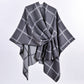 Grey Elegant Check Knit Travel Shawl with Stylish Side-Slit Design - Fall & Winter Luxurious Cashmere-Feel Pullover Cape (135 x 155 CM)