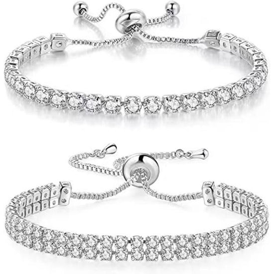 Silver High-Sparkle Cubic Zirconia Iced-Out Tennis Bracelet of Single Row & Double Row (5.7" to 11.3") - Minimalist Geometric Dainty Jewelry