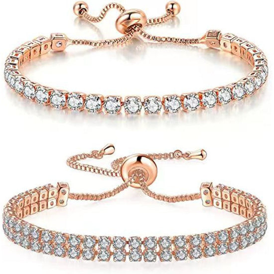 Rose Gold High-Sparkle Cubic Zirconia Iced-Out Tennis Bracelet of Single Row & Double Row (5.7" to 11.3") - Minimalist Geometric Dainty Jewelry
