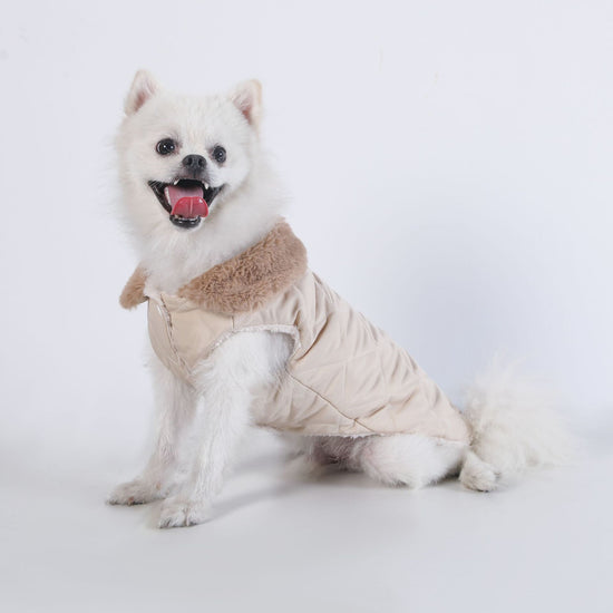 L Size Beige Winter Padded Cotton Dog Thermal Plaid Vest with Faux Fur Collar - Thick Fleece-Lined Warm Pet Jacket