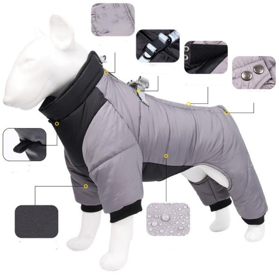 3XL Size Orange Winter Waterproof Dog 4 Leg Jumpsuit for Full Body Warmth - Reflective Windproof Pet Puffer Coat with Integrated Harness