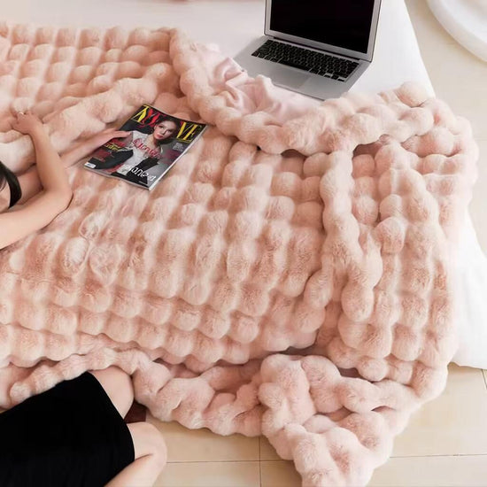 Pink Luxury Tuscany Fleece Rabbit Fur Bubble Blanket - Double-Sided Thickened Soft Plush Extra Large Bedding Set(200x230 CM Large Blanket + 2 Pack 45x45 CM Cushion Cover)