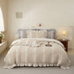 Beige Elegant Ruffle Seersucker Duvet Cover with 2PCS Pillow Shams - 3-Piece Vertical Stripe Clipped Floral Textured Bedding (King Size 264 x 229 CM)