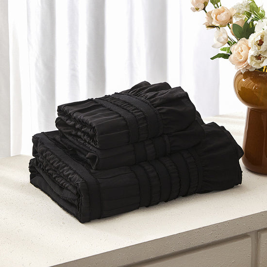 Black Elegant Ruffle Seersucker Duvet Cover with 2PCS Pillow Shams - 3-Piece Vertical Stripe Clipped Floral Textured Bedding (Twin Size 168 x 229 CM)
