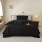 Black Elegant Ruffle Seersucker Duvet Cover with 2PCS Pillow Shams - 3-Piece Vertical Stripe Clipped Floral Textured Bedding (Queen Size 229 x 229 CM)