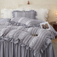 Black Elegant Ruffle Seersucker Duvet Cover with 2PCS Pillow Shams - 3-Piece Vertical Stripe Clipped Floral Textured Bedding (King Size 264 x 229 CM)