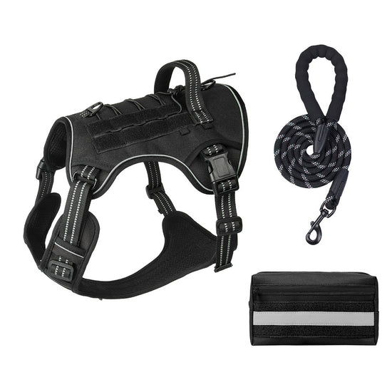 3-Piece Black Tactical Dog Harness Set (L Size) - Heavy Duty No-Pull Vest with Detachable Tactical Pouch & Climbing Rope Leash