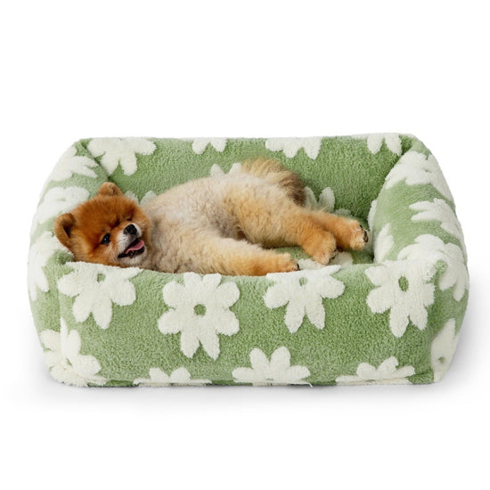 91x68x20 CM Cute Square Plush Pet Bed with Removable Cover & 5 Bolsters Support - Green Daisies Machine Washable Calming Dog & Cat Sofa