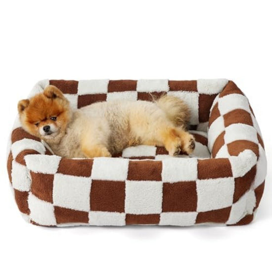 76x60x20 CM Cute Square Plush Pet Bed with Removable Cover & 5 Bolsters Support - Brown Plaid Machine Washable Calming Dog & Cat Sofa