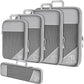 Grey Waterproof Travel Compression Packing Cube Set of 5 Sizes with Carry Handles - 50% Space Saving Breathable Nylon Luggage Organizer