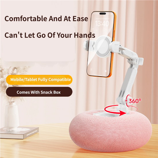 2-in-1 White Soft Plush Pillow Base & Phone Holder - 3-Axis 180° Rotation, Height Adjustable and Telescopic Clamp Stand, Relieve Arm Fatigue and Neck Strain