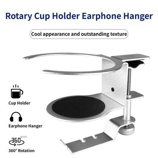2-in-1 Under-Desk Metal Headphone Hanger &  Anti-Spill Cup Holder - No-Drill Heavy-Duty Desk Adjustable Clamp and 360° Swivel Hook