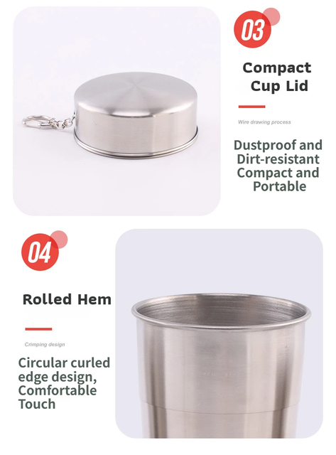 3-Capacity Bronze Stainless Steel Collapsible Travel Cup Set(75ml + 150ml + 250ml) - Compact Telescopic Drinking Cup with Keychain & Dust-Proof Lid for Outdoor Hiking and Camping