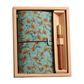 Wild Rose Retro A6 Travelers Leather Notebook & Wooden Pen Gift Box - Floral Botanical Loose-Leaf Journal with Bronze Charm, Kraft Paper and Lined Paper