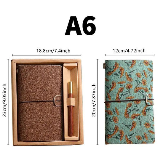 Mini Rose Retro A6 Travelers Leather Notebook & Wooden Pen Gift Box - Floral Botanical Loose-Leaf Journal with Bronze Charm, Kraft Paper and Lined Paper