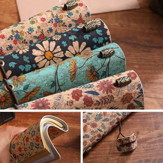 Forest Floral Retro A6 Travelers Leather Notebook & Wooden Pen Gift Box - Floral Botanical Loose-Leaf Journal with Bronze Charm, Kraft Paper and Lined Paper