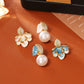 Luxury Porcelain White Gold Enamel Flower Pearl Earrings with Sparkling Zirconia - Vintage S925 Hypoallergenic Sterling Silver Needle
