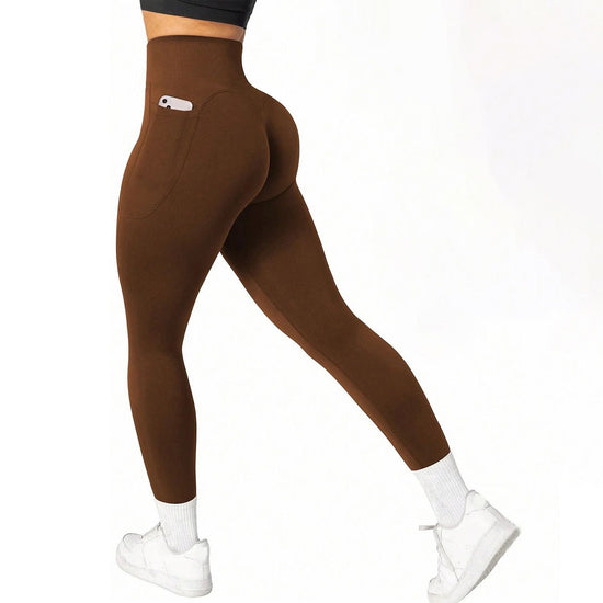 S Size Coffee Breathable High-Waist Ruched Butt-Lift Yoga Leggings - Dual Pockets & No Front T - LineNaked-Feel Performance Tights for Gym, Running & Pilates
