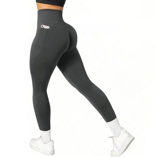 M Size Dark Grey Breathable High-Waist Ruched Butt-Lift Yoga Leggings - Dual Pockets & No Front T - LineNaked-Feel Performance Tights for Gym, Running & Pilates