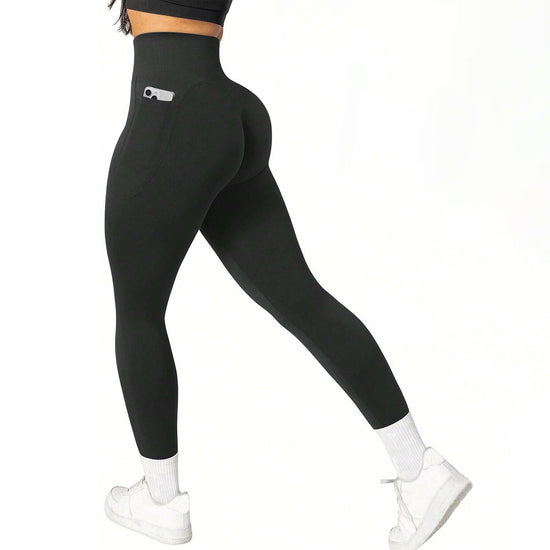 L Size Black Breathable High-Waist Ruched Butt-Lift Yoga Leggings - Dual Pockets & No Front T - LineNaked-Feel Performance Tights for Gym, Running & Pilates