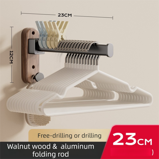 23CM Moisture Aluminum Folding Towel Rack Integrated Bottom Hook - 90° Folding Black Walnut Grain Wall-Mounted Drying Rod and Organize