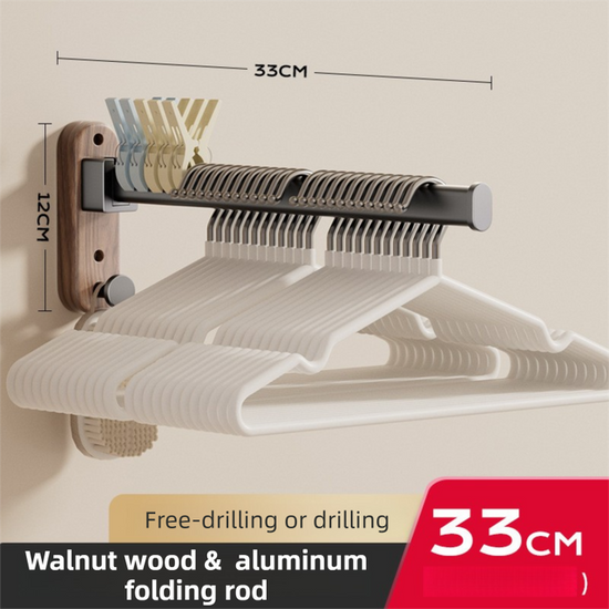 33CM Moisture Aluminum Folding Towel Rack Integrated Bottom Hook - 90° Folding Black Walnut Grain Wall-Mounted Drying Rod and Organize