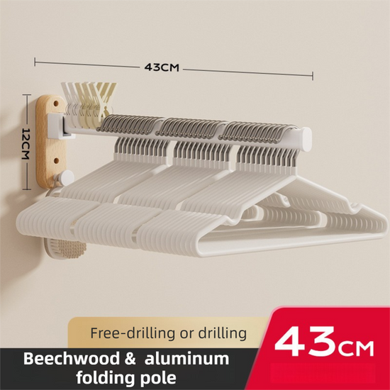 43CM Moisture Aluminum Folding Towel Rack Integrated Bottom Hook - 90° Folding White Beechwood Grain Wall-Mounted Drying Rod and Organize