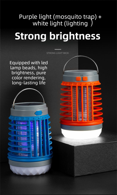 Orange 2-in-1 Cordless Flashlight & Zapper Lantern - Solar / USB Charging, 360° High Voltage Grid and Hanging Hook - Waterproof Mosquito Killer & 4-Mode Camping Light for Outdoor, Home & Patio