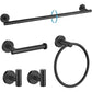 5PCS Matt Black Stainless Steel Bathroom Organizer Set - Wall-Mounted Rotatable Towel Bar, Toilet Paper Holder, Towel Ring & Versatile T-shaped Hooks