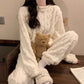 White Coral Fleece Jacquard Thermal Pajama Set — Autumn/Winter Fleece-Lined, Thickened, Casual Loungewear