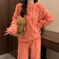 Pink Coral Fleece Jacquard Thermal Pajama Set — Autumn/Winter Fleece-Lined, Thickened, Casual Loungewear