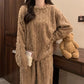 Khaki Coral Fleece Jacquard Thermal Pajama Set — Autumn/Winter Fleece-Lined, Thickened, Casual Loungewear