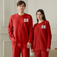 2-Piece Red Warm and Comfortable Flannel Couple Pajamas – Knitted Number Pattern, Soft Fleece Material, Pullover Style, Perfect for Autumn and Winter at Home