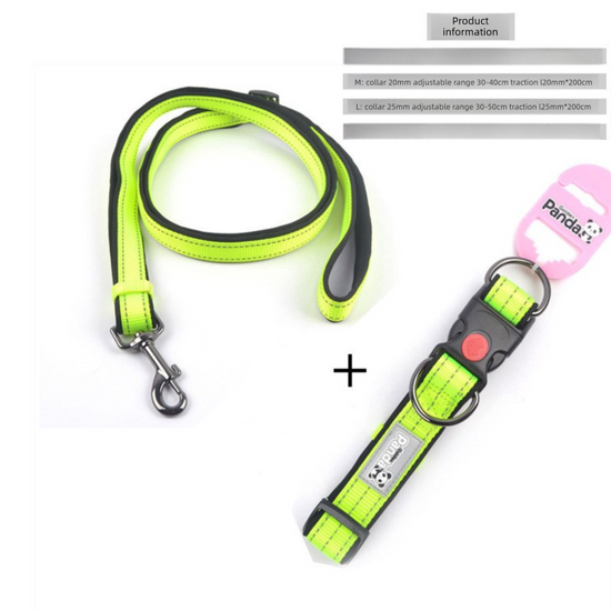 Green M size Vibrant Reflective Dog Collar and Leash Set - Adjustable Nylon Pet Harness with Comfortable Padding