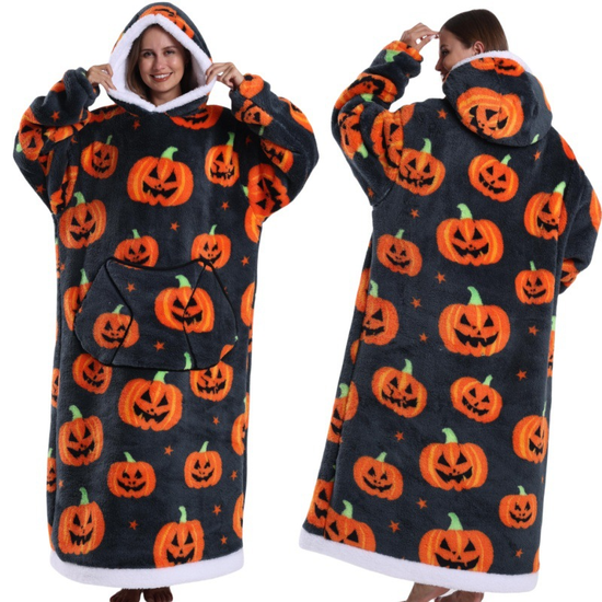Grey Pumpkin Style Oversized Hooded Blanket for Adults - Ultra Soft & Warm Wearable Fleece Throw with Giant Pocket, Perfect for Winter, Christmas & Valentine&