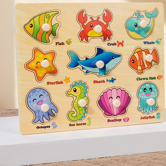 Wooden Puzzle Board for Toddlers - Early Learning Shape Sorter & Hand-Eye Coordination Toy for Kids 3+, Educational & Durable【Ocean Style】